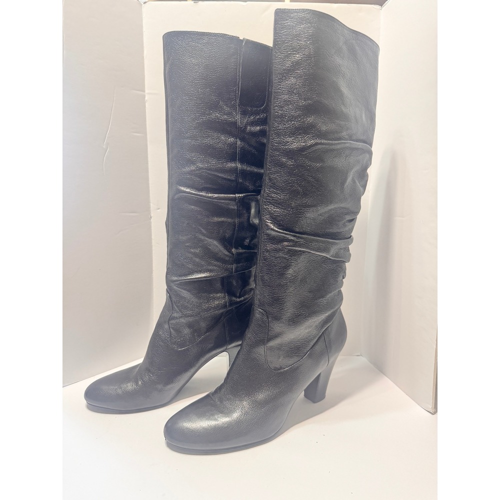Nine West Sousanna Black Leather Slouch Boots Tall Block Heel 9M classic pull on
